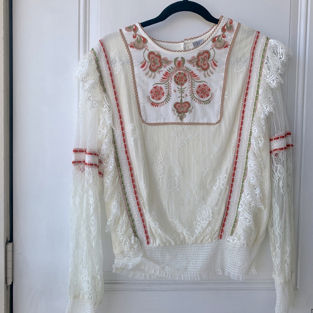 Anthropologie LS bohemian embroidered blouse sz L
